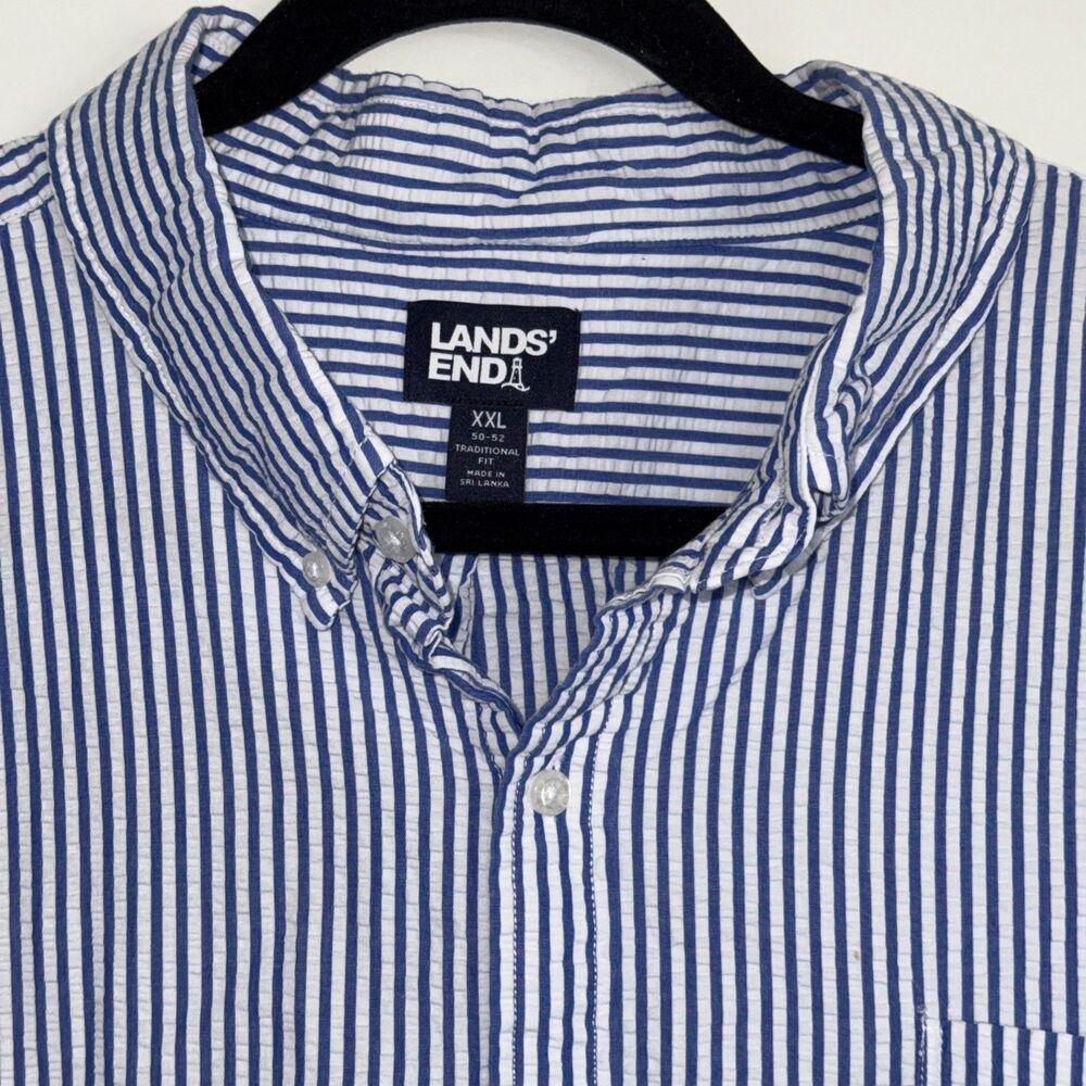 Lands' End Men's Shirt 2XL Seersucker Blue White Striped Short Sleeve Button
